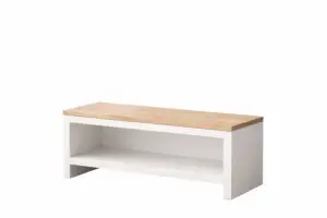 Bancă hol albă cu blat sonoma și raft depozitare încălțăminte design modern