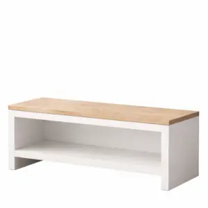 Bancă hol albă cu blat sonoma și raft depozitare încălțăminte design modern
